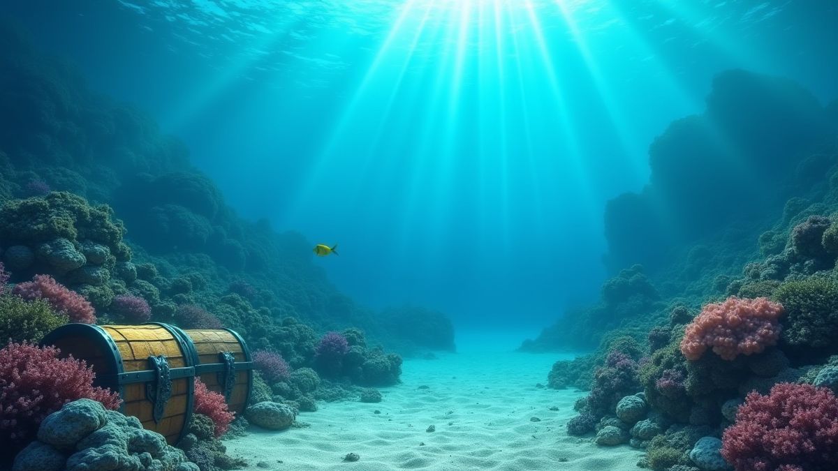 Uma paisagem submarina tranquila com recifes de coral e baús de tesouro.