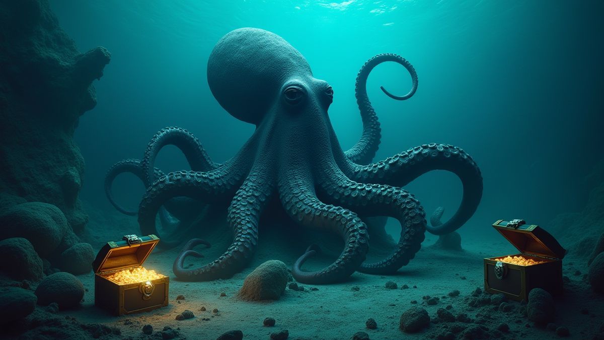 Um polvo gigante emergindo de um naufrágio submarino cercado de tesouros brilhantes.