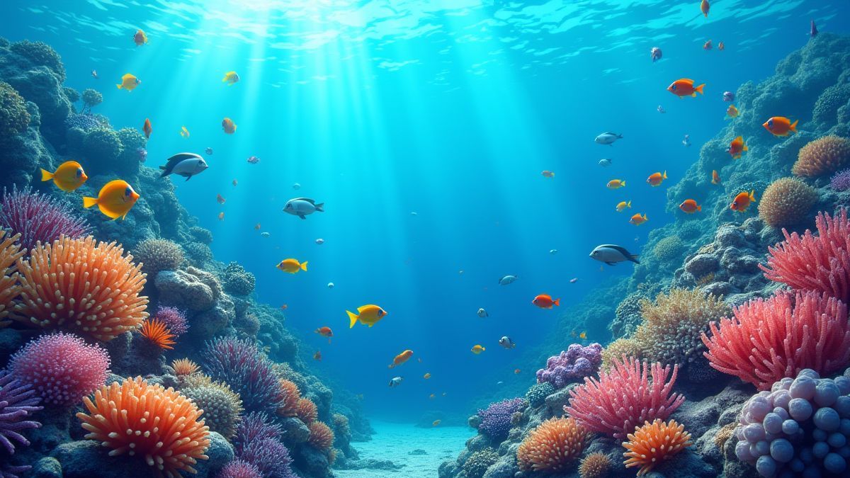 Colorful corals and exotic fish in an underwater setting.