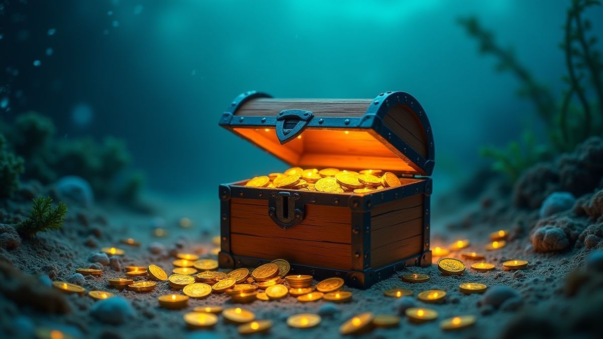 Treasure chest with glowing coins at the bottom of the sea.