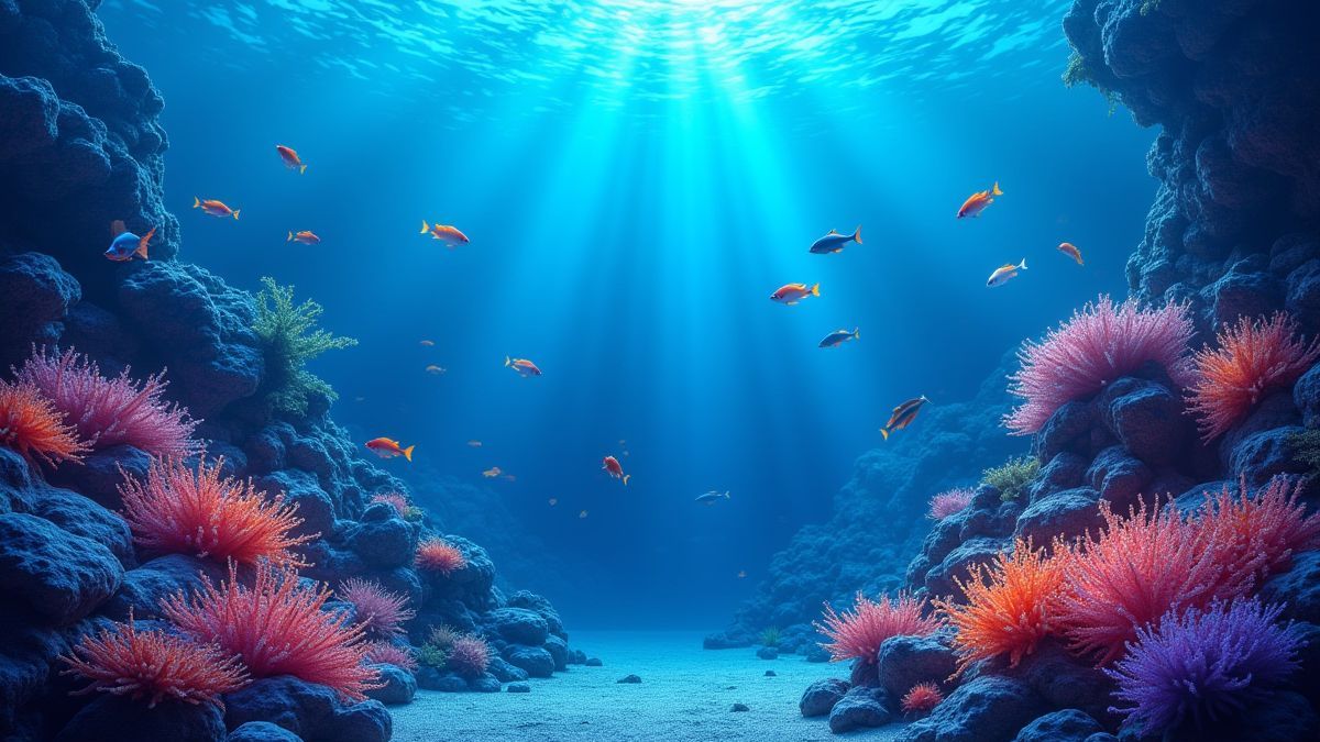 Um arrecife submarino cheio de peixes e plantas brilhantes.
