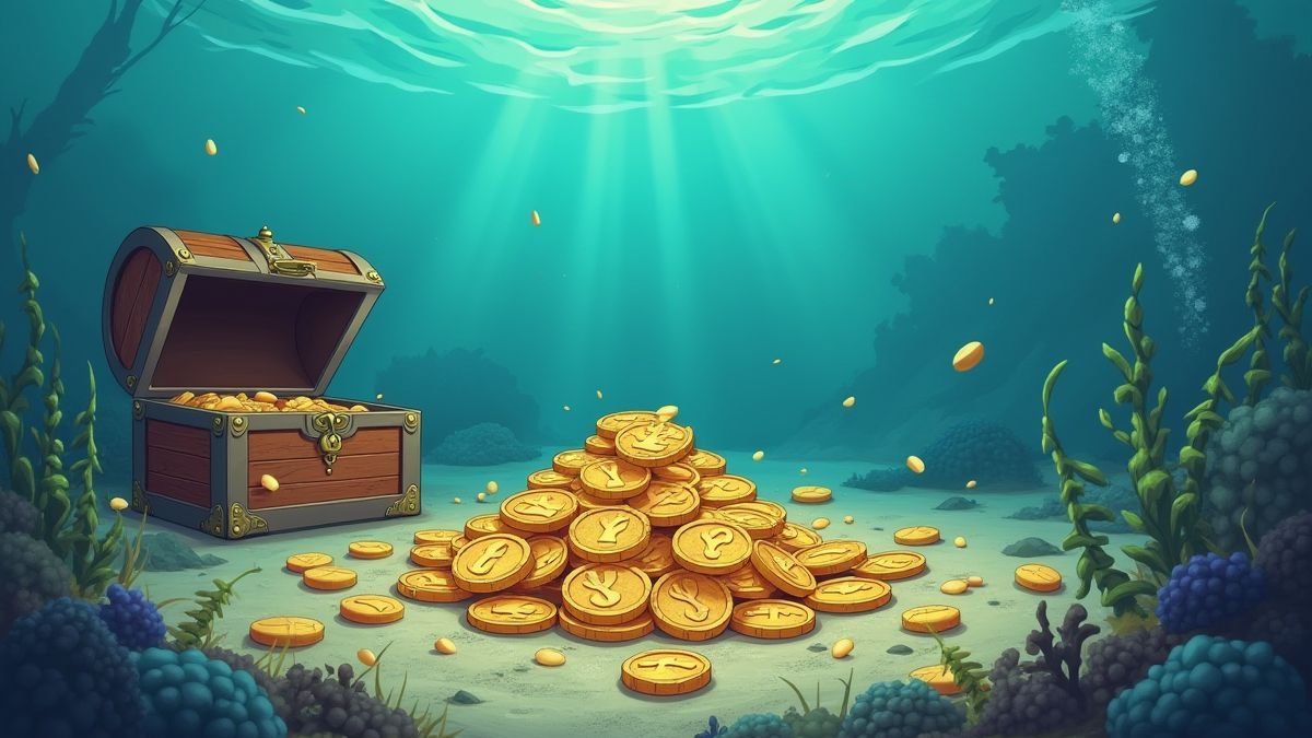 Moedas de ouro e tesouros no fundo do oceano.