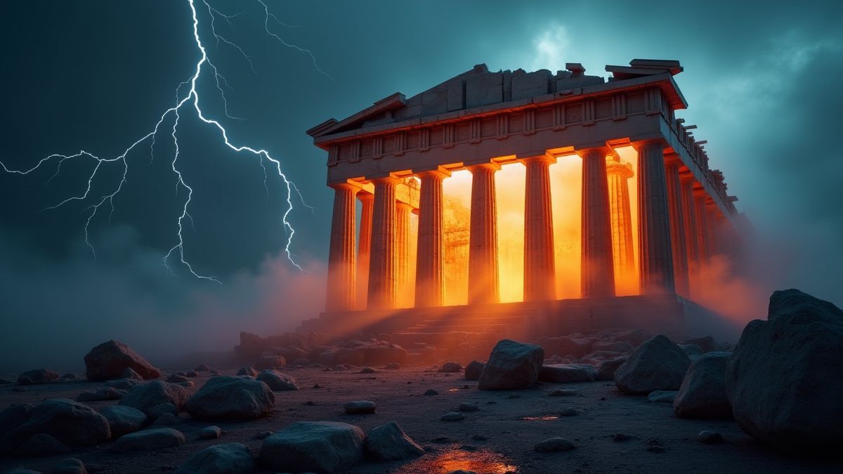 A Greek temple illuminated surrounded by lightning and mist.