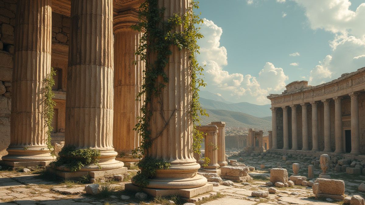 A Greek column in an ancient setting with engravings and vines.