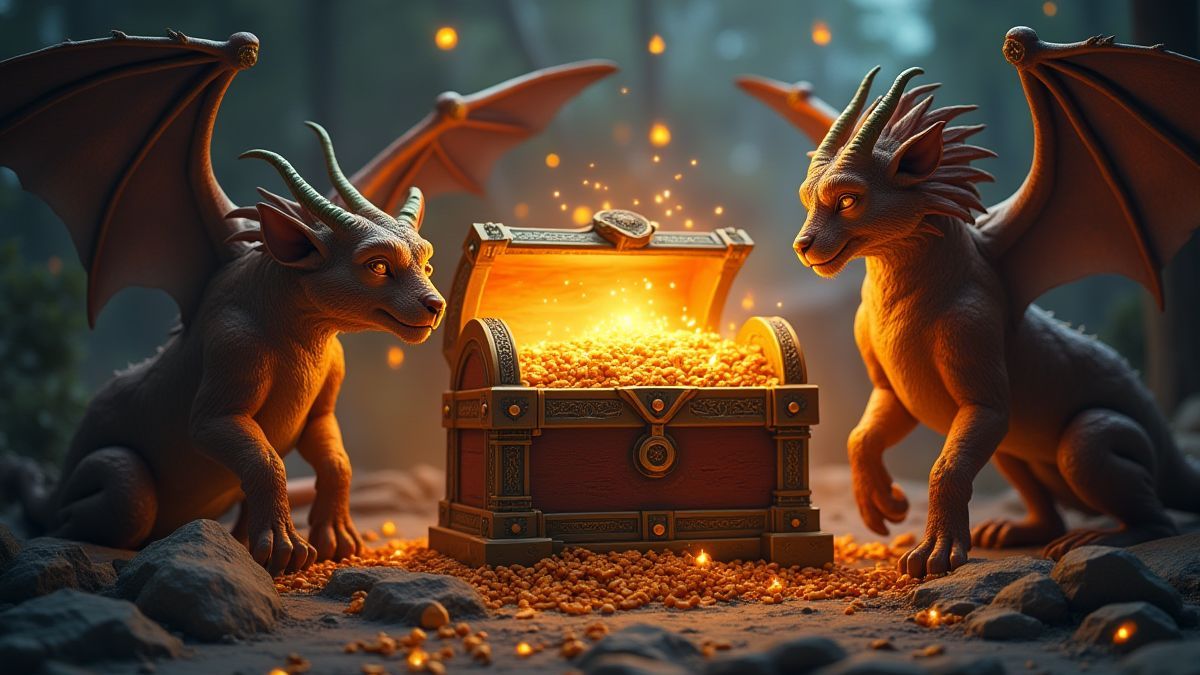 A treasure chest surrounded by mythical creatures in a Greek setting.
