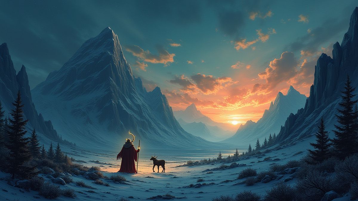 Illustration of Asgard with glowing runes and a Nordic sky.