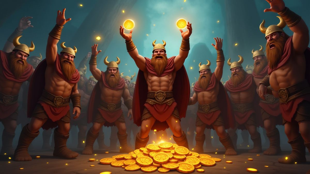 Viking warriors celebrating a victory with glowing coins and treasures.