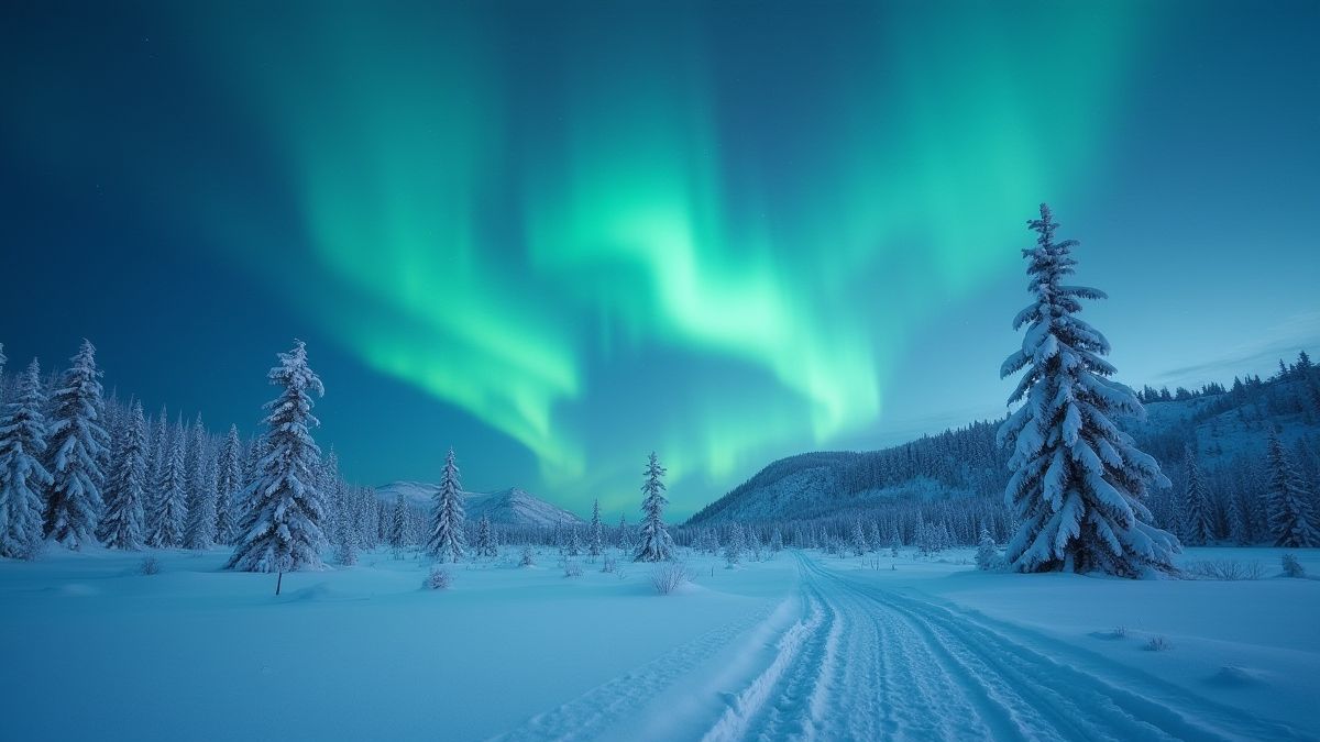 Nordic winter landscape with glowing auroras and runes.