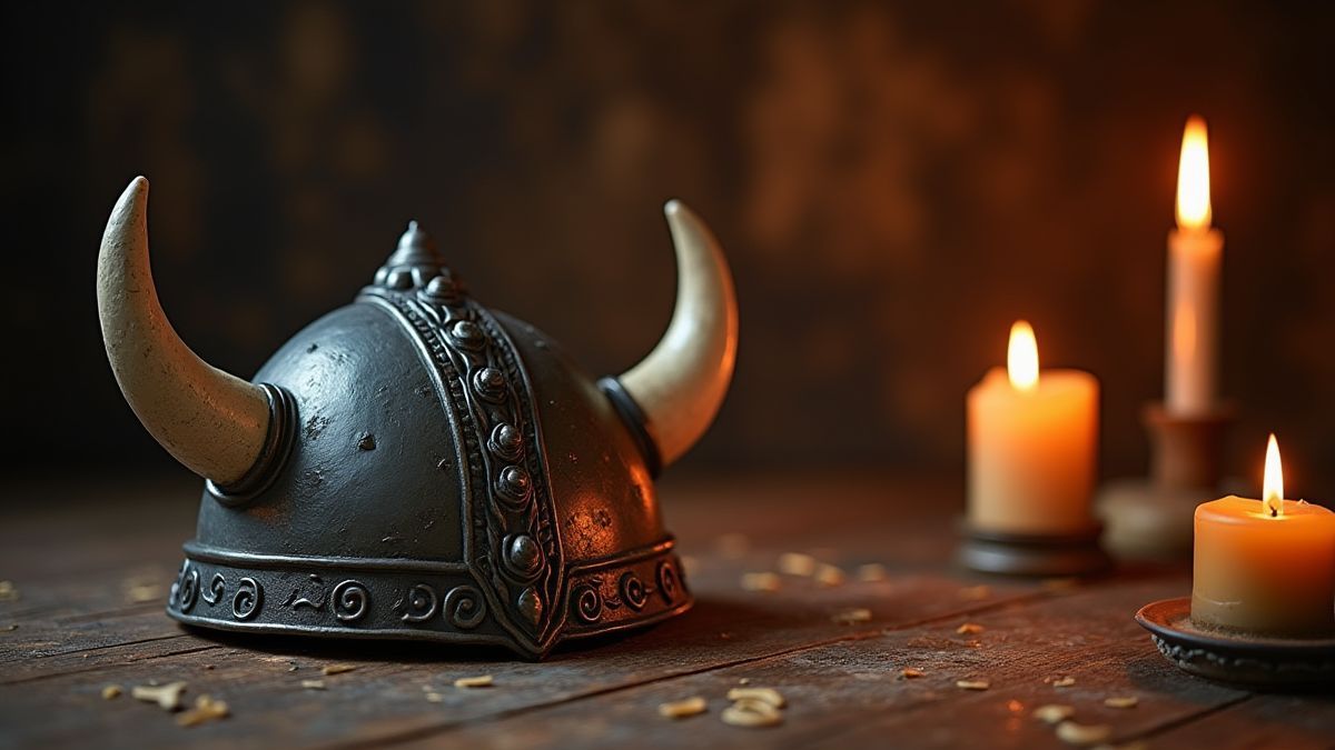 Ein Wikingerhelm umgeben von Runen und Kerzen auf einem Holztisch.