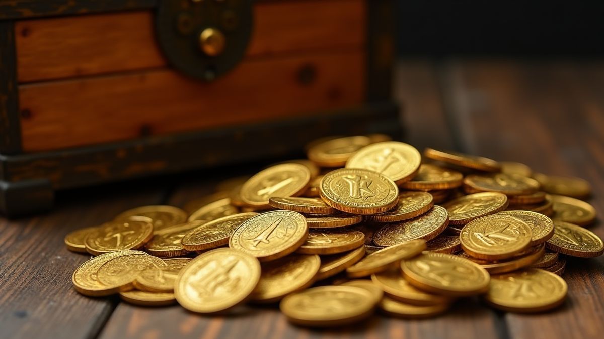 Goldmünzen in einer Wikingertruhe.