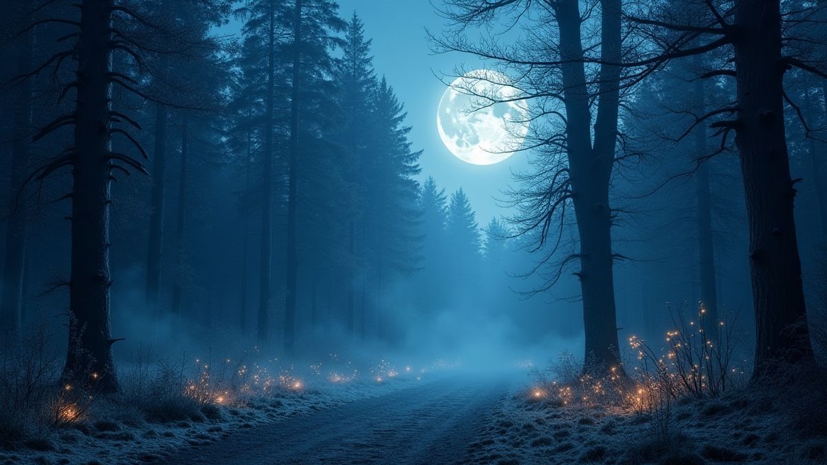 Uma floresta nórdica encantada iluminada pela luz da lua.