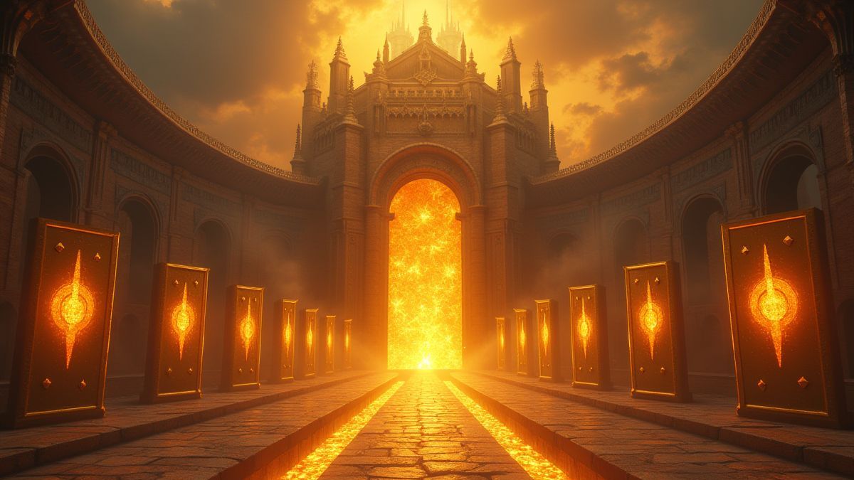 Valhalla with shining shields and a mystical setting.