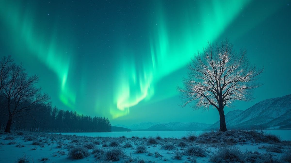 Noordse landschap met gloeiende runen en de levensboom onder de aurora borealis.