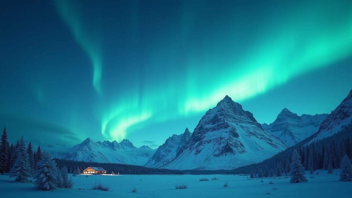 Noordse berglandschap onder de aurora borealis.