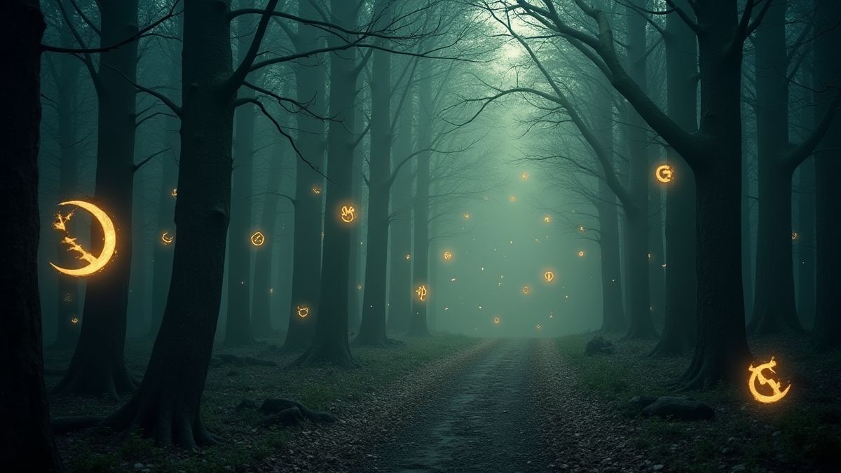 Leuchtende Runen in einem mystischen nordischen Wald.