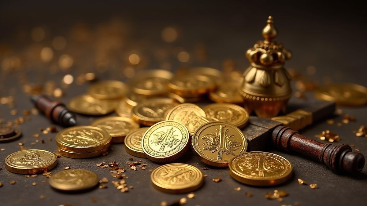 Goldmünzen und nordische Artefakte auf einem Tisch.