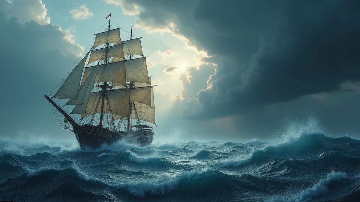 Un bateau grec naviguant dans des mers orageuses avec un ciel dramatique.