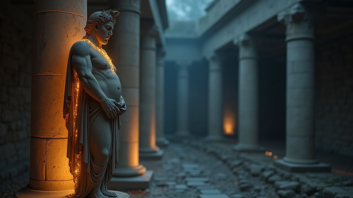 Une statue de pierre brillant d'une lumière mystique dans un cadre grec.