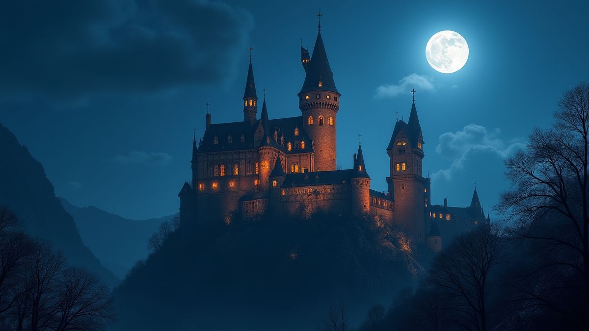 Ein mittelalterliches Schloss, das im Mondlicht leuchtet.