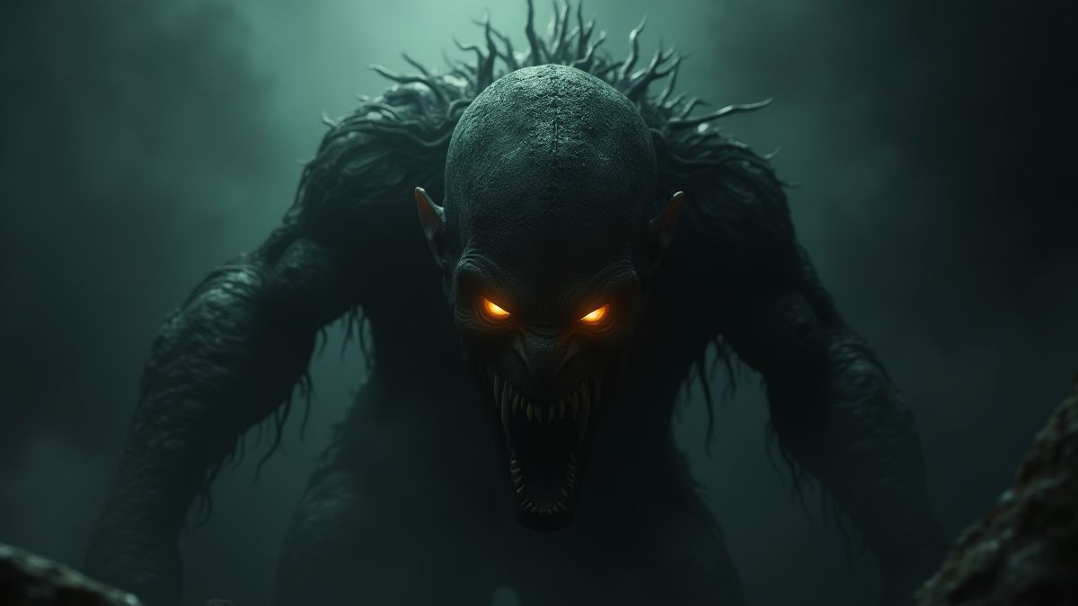 Ein furchtloses Monster mit leuchtenden Augen, das aus den Schatten auftaucht.