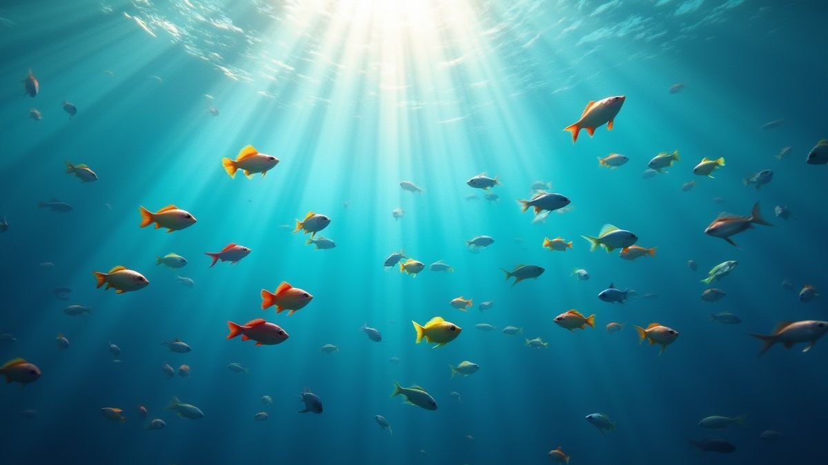 A group of colorful fish swimming underwater with rays of light.