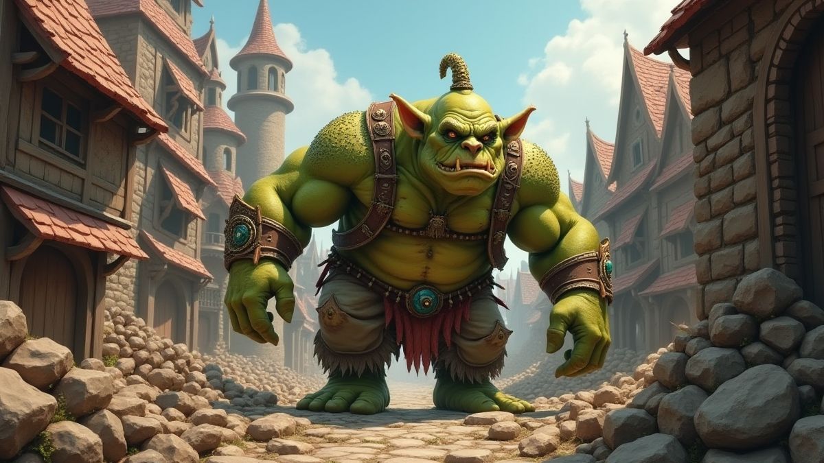 Un ogre grincheux détruisant des pierres dans un village médiéval pendant la journée.