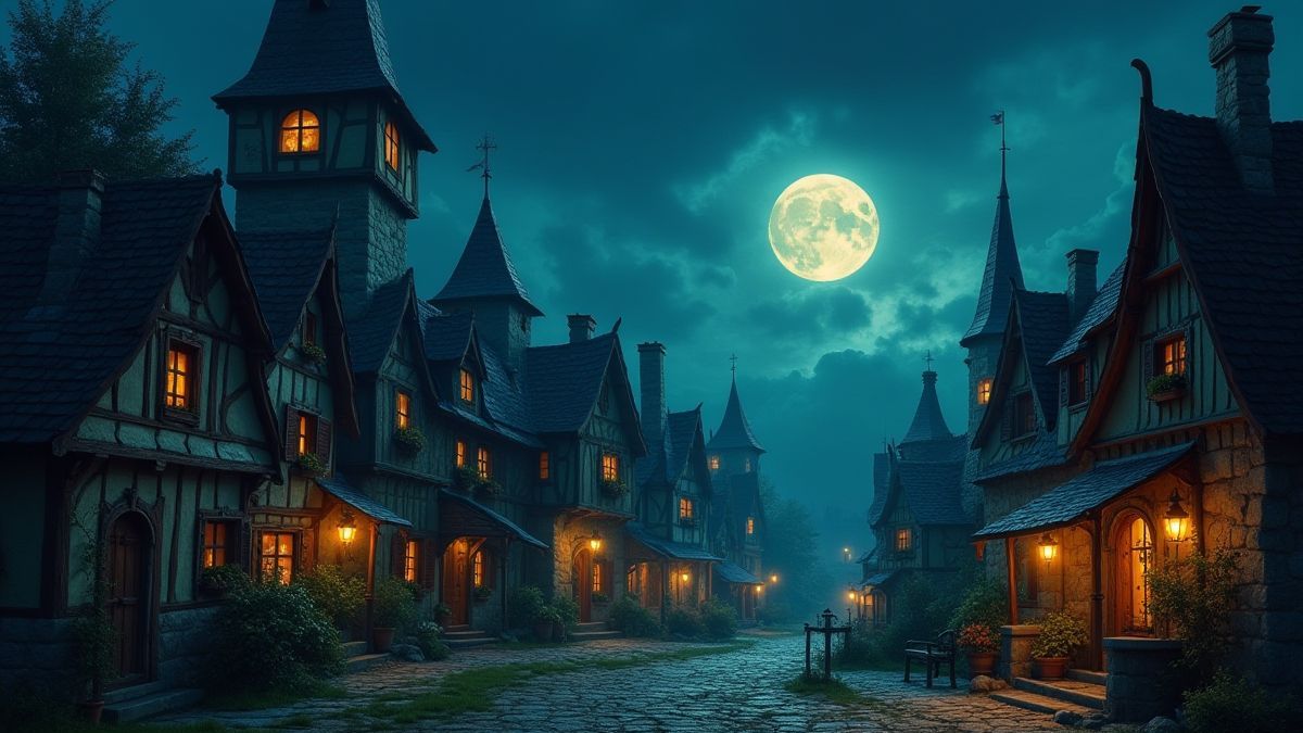 Un village médiéval illuminé par la lune avec des habitants célébrant pendant que l'ogre dort.