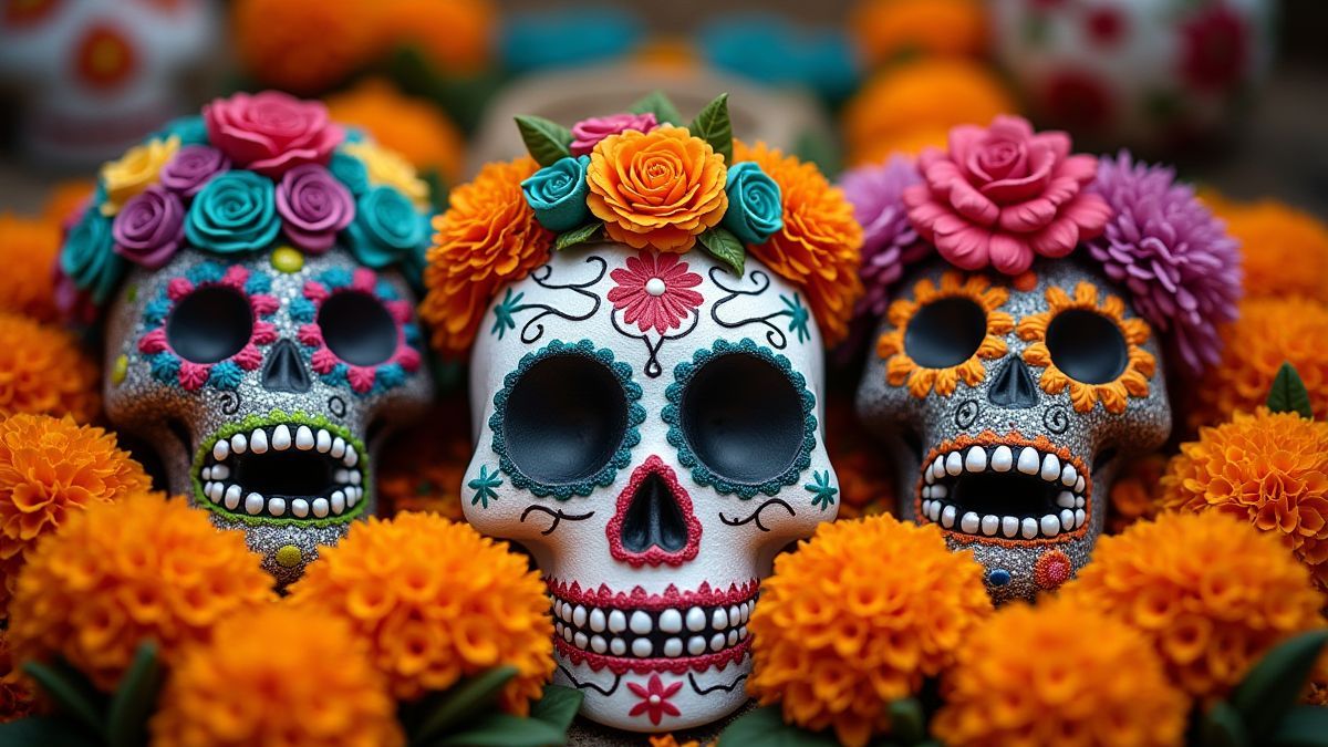 Zuckerschädel und Ringelblumen auf einem festlichen Altar.