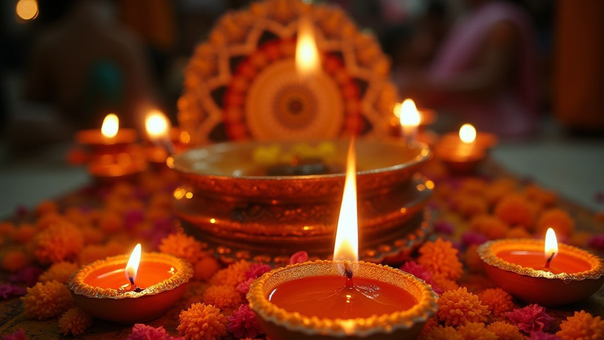 Festliche Szene mit Ringelblumen und Kerzen um einen Altar.