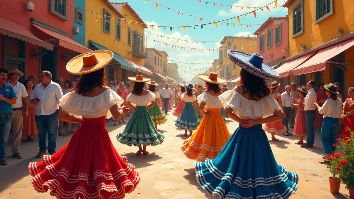 Mexikanische Feier mit Tänzern und traditionellen Kostümen.