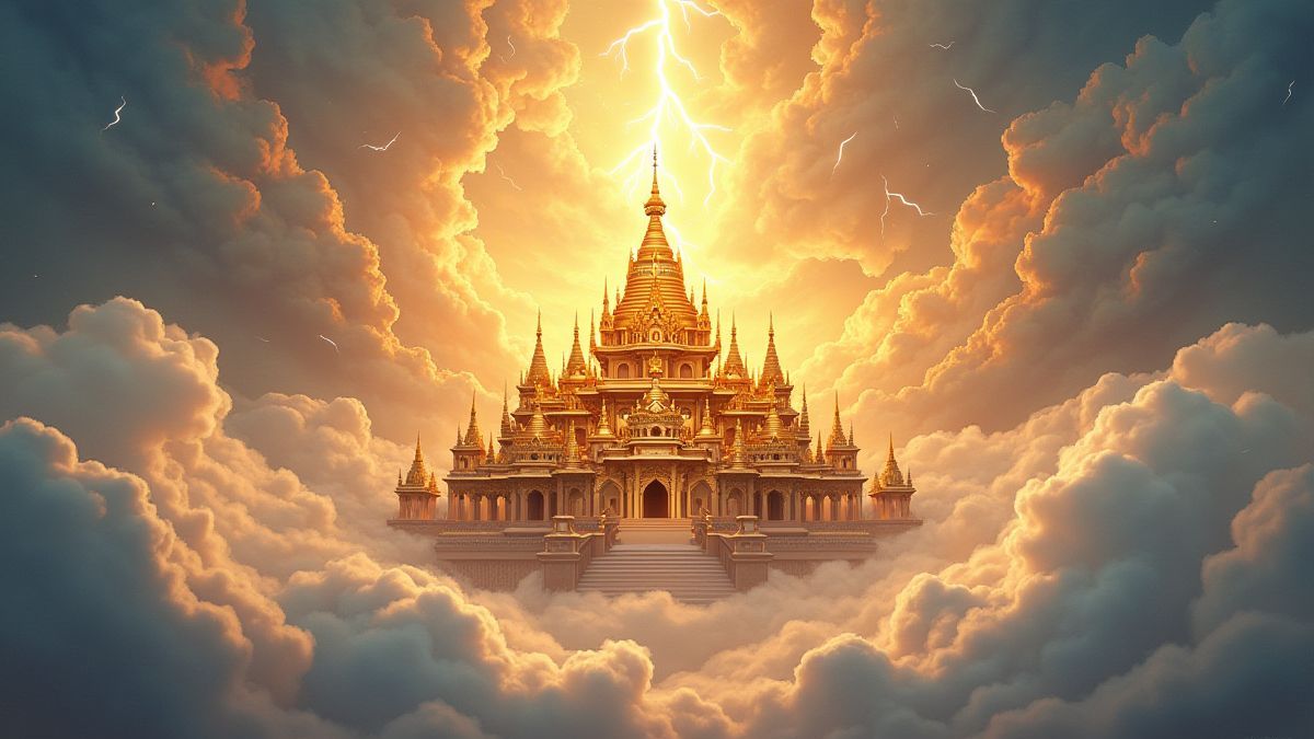 A golden temple surrounded by clouds and lightning bolts.