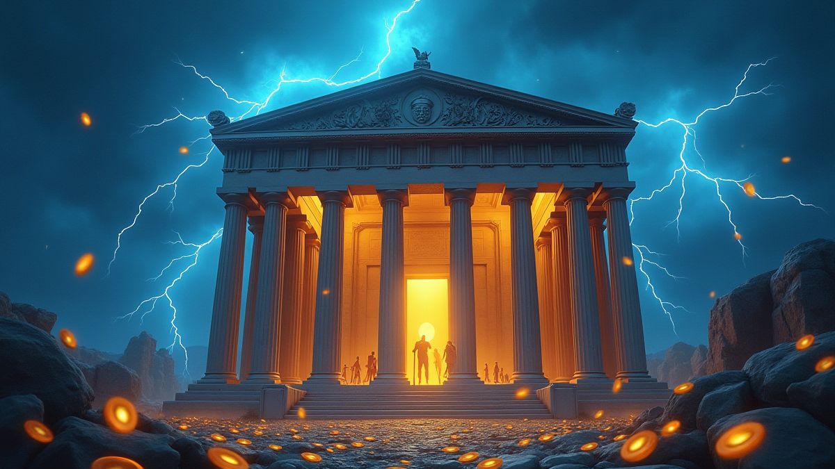 Templo griego envuelto en rayos y monedas doradas.