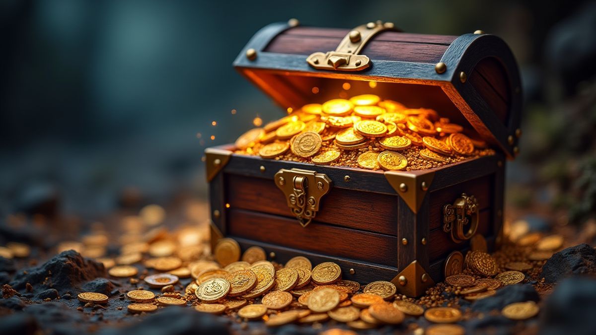 Cofre del tesoro lleno de monedas doradas y joyas en un entorno místico.