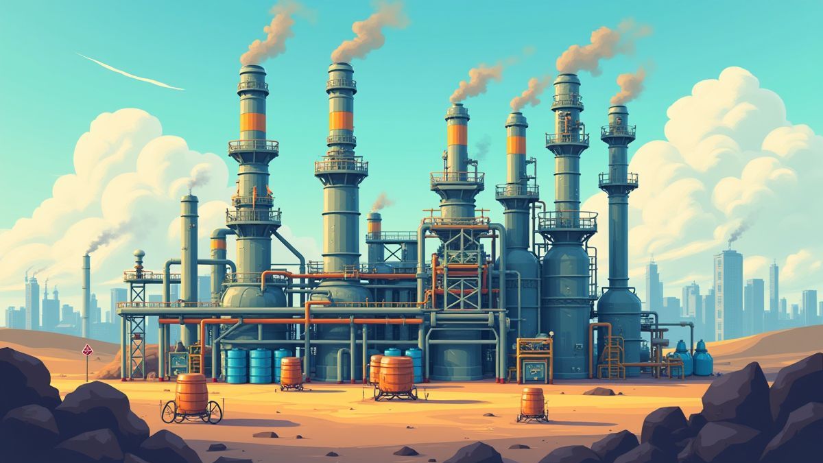 Eine Ölraffinerie mit Fässern und Maschinen im cartoonhaften Stil.