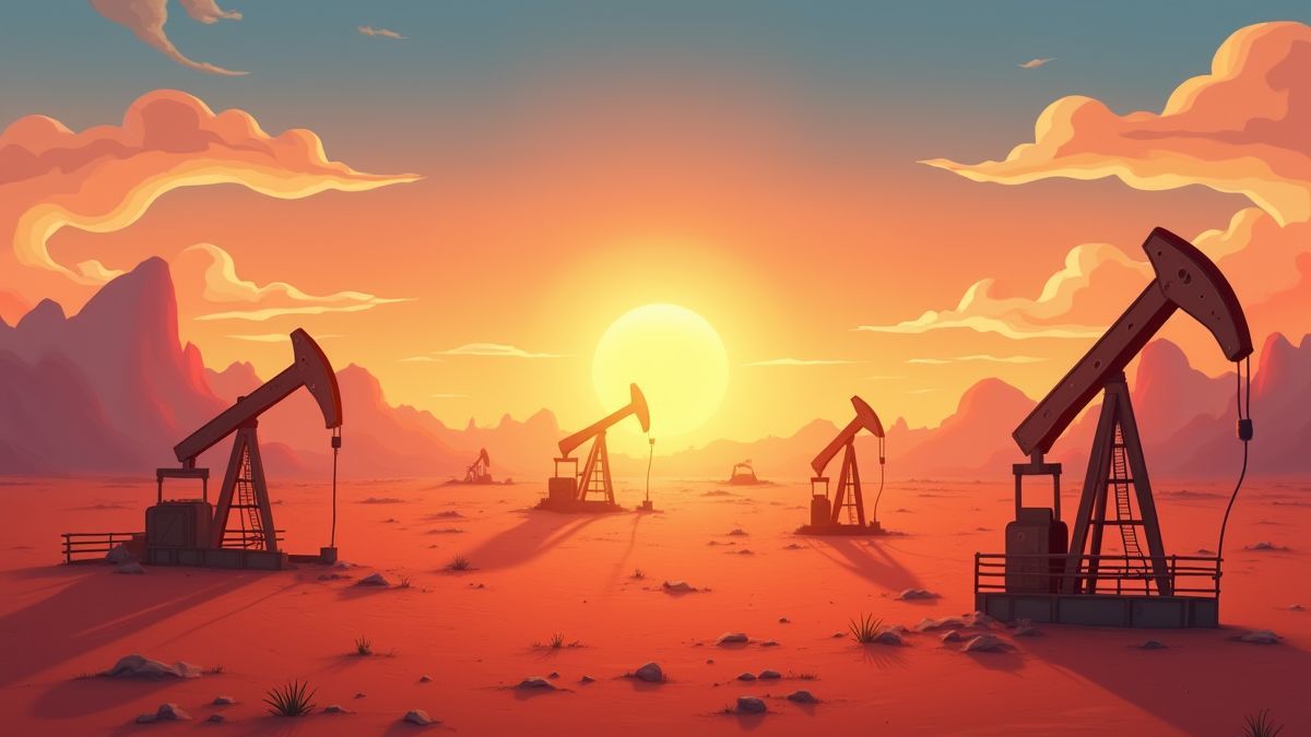 Eine animierte Wüstenlandschaft mit Ölplattformen bei Sonnenuntergang.