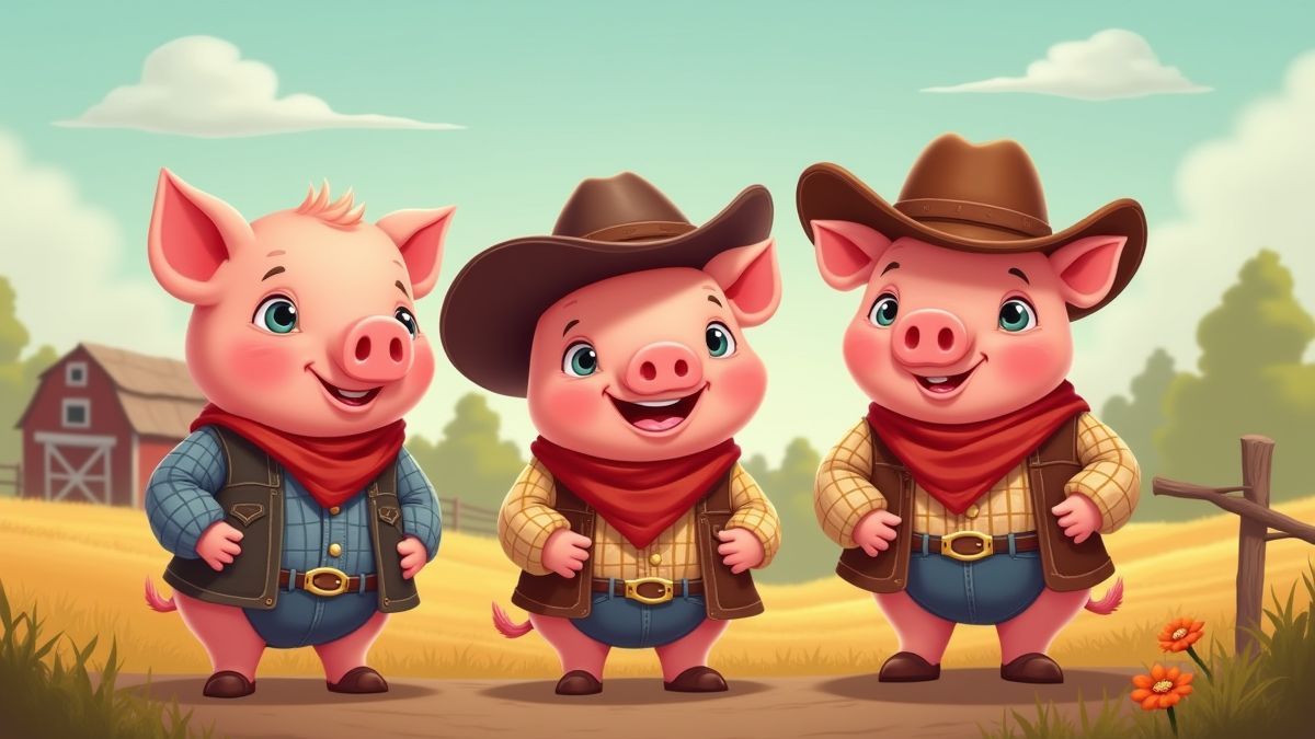 Granja animada con cerdos disfrazados de vaqueros y un granero.