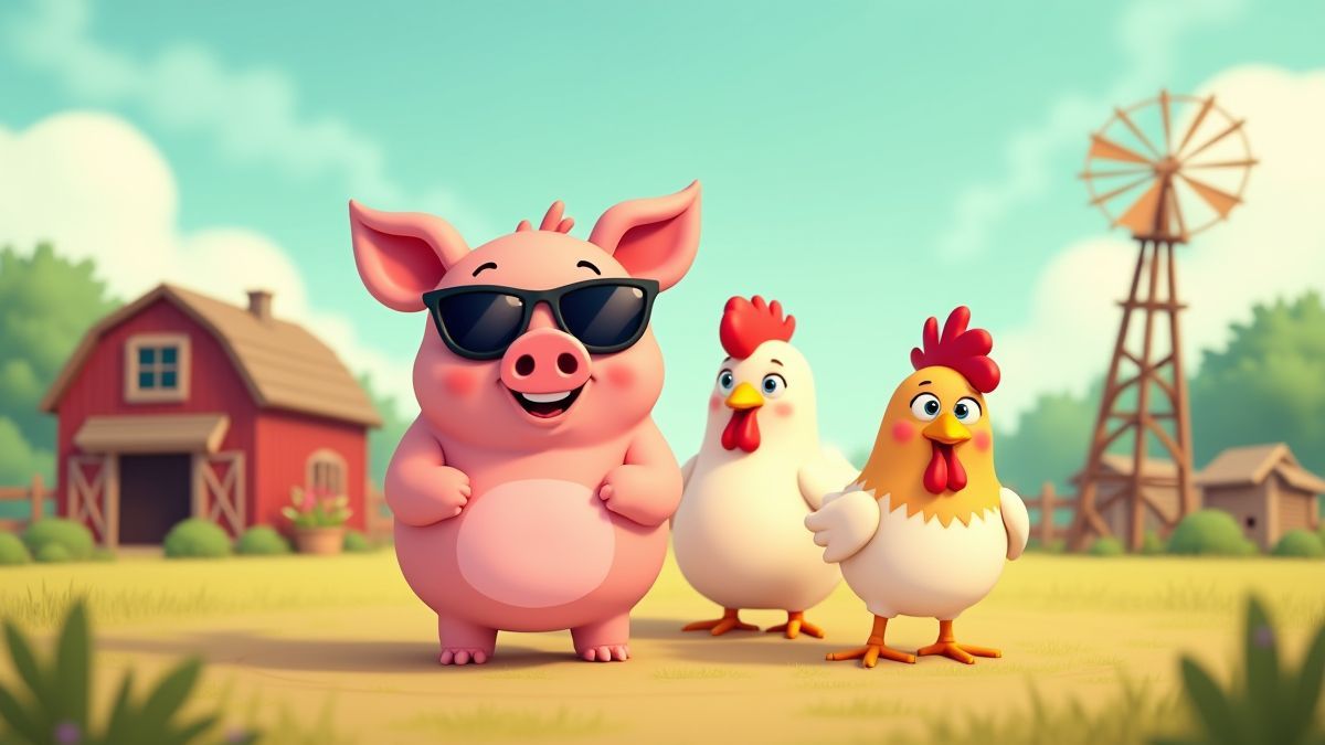 An animated farm with a fun pig and chickens by a windmill.
