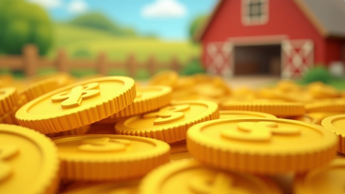 Golden coins collected in a cheerful animated farm.