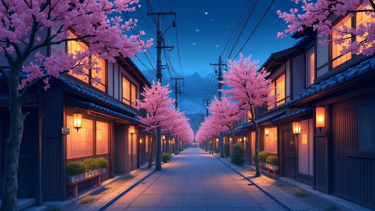 Eine Straße in Japan, beleuchtet von Laternen und umgeben von blühenden Kirschbäumen.