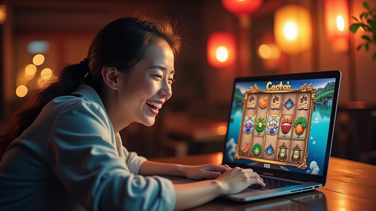Ein glücklicher Spieler, der in einem japanisch thematisierten Slot gewinnt.