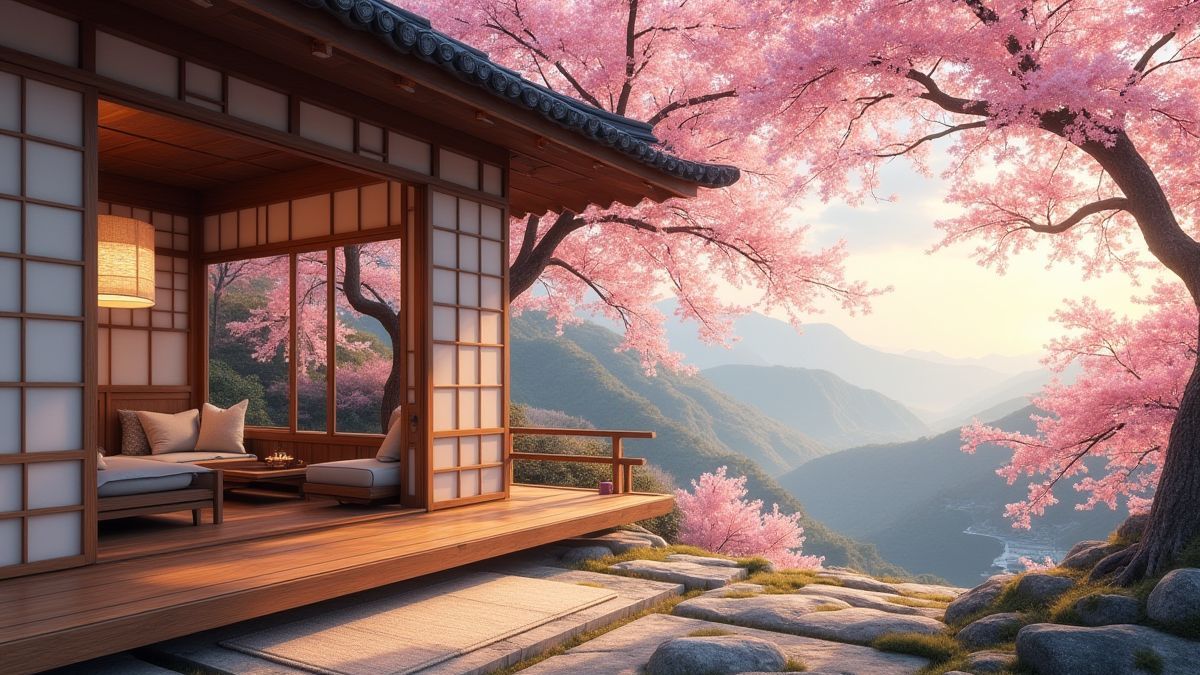 Ein japanisches Teehäuschen mit Blick auf blühende Kirschbäume.