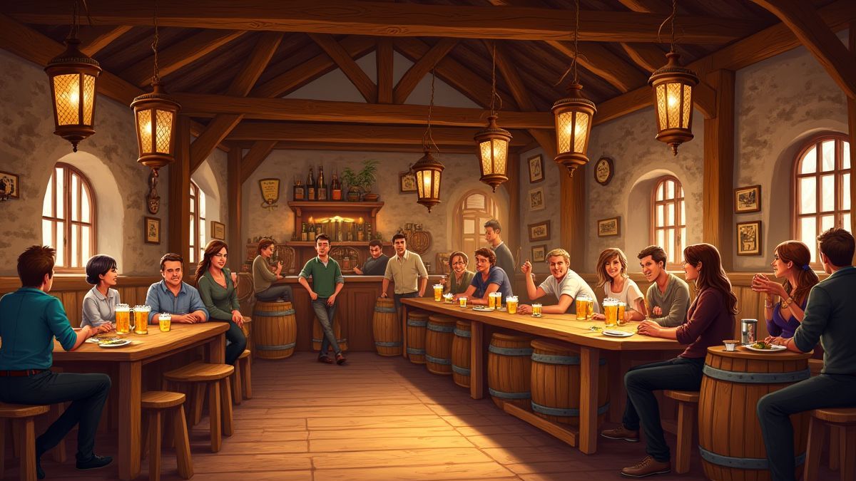 Taberna bávare acogedora con barriles y jarras de cerveza.
