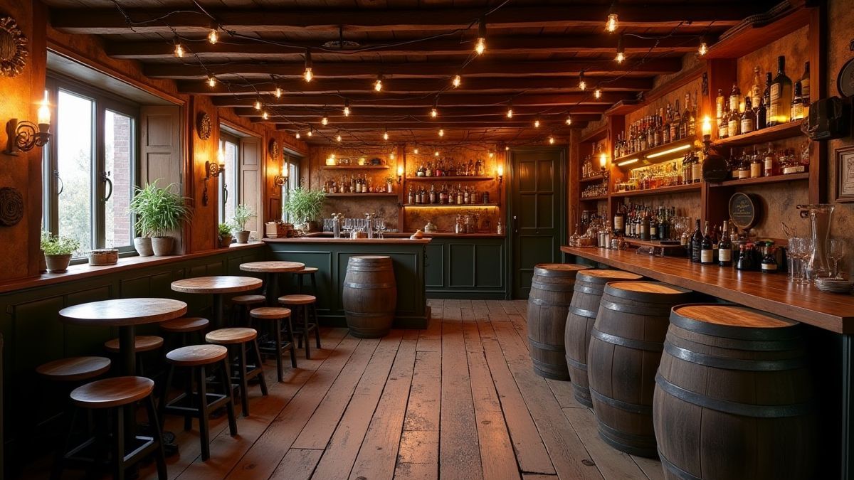 Interior de um pub acolhedor com decoração vintage e barris de madeira.