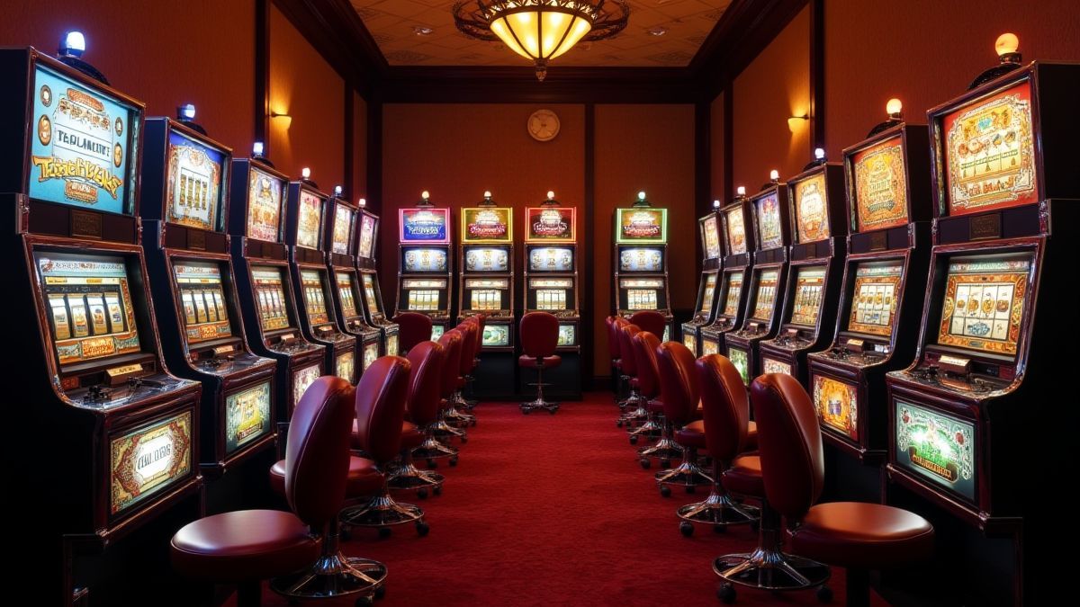 Configuración de casino nostálgico con máquinas clásicas.