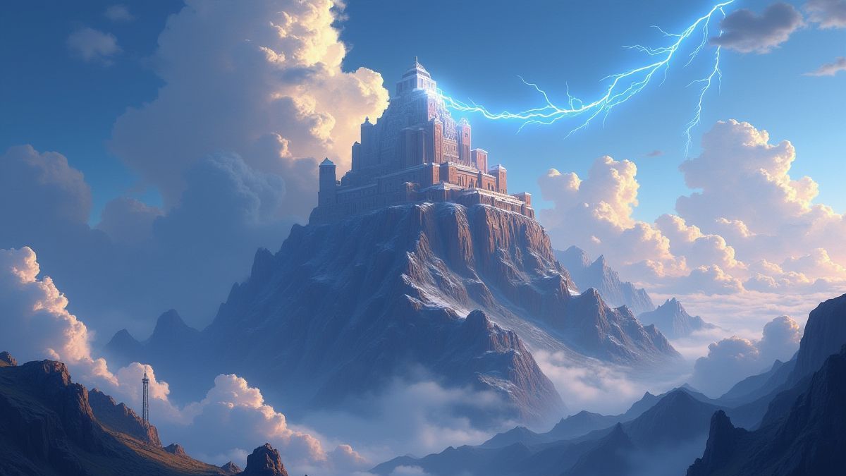 Mount Olympus with animated temples and lightning bolts.