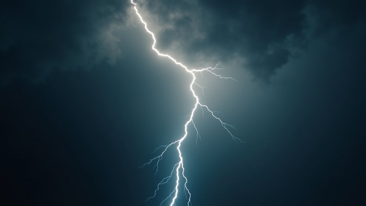 Glowing lightning bolt in a stormy sky, symbolizing Zeus' power.