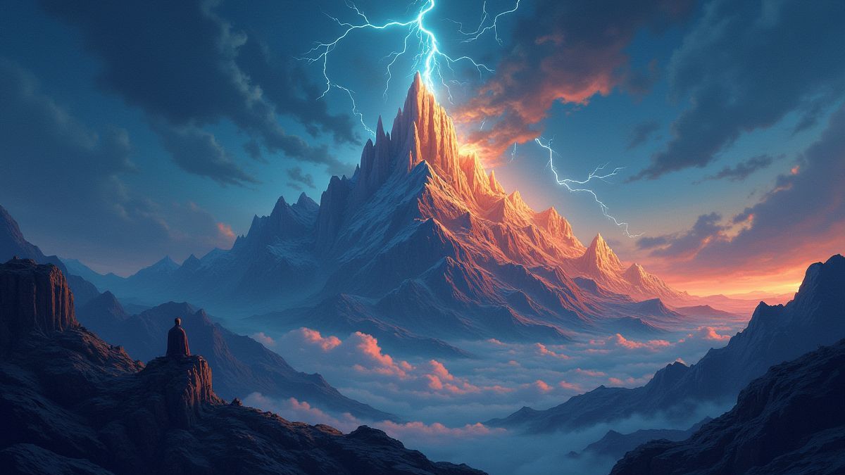 Monte Olimpo met bliksemschichten en glanzende zuilen