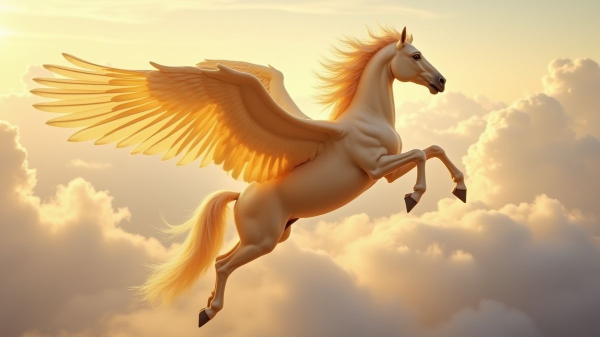 Gouden Pegasus die door de wolken vliegt