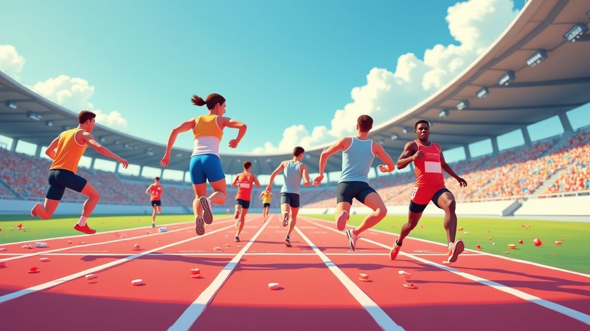 Piste de course avec des coureurs animés en compétition dans un sprint olympique.