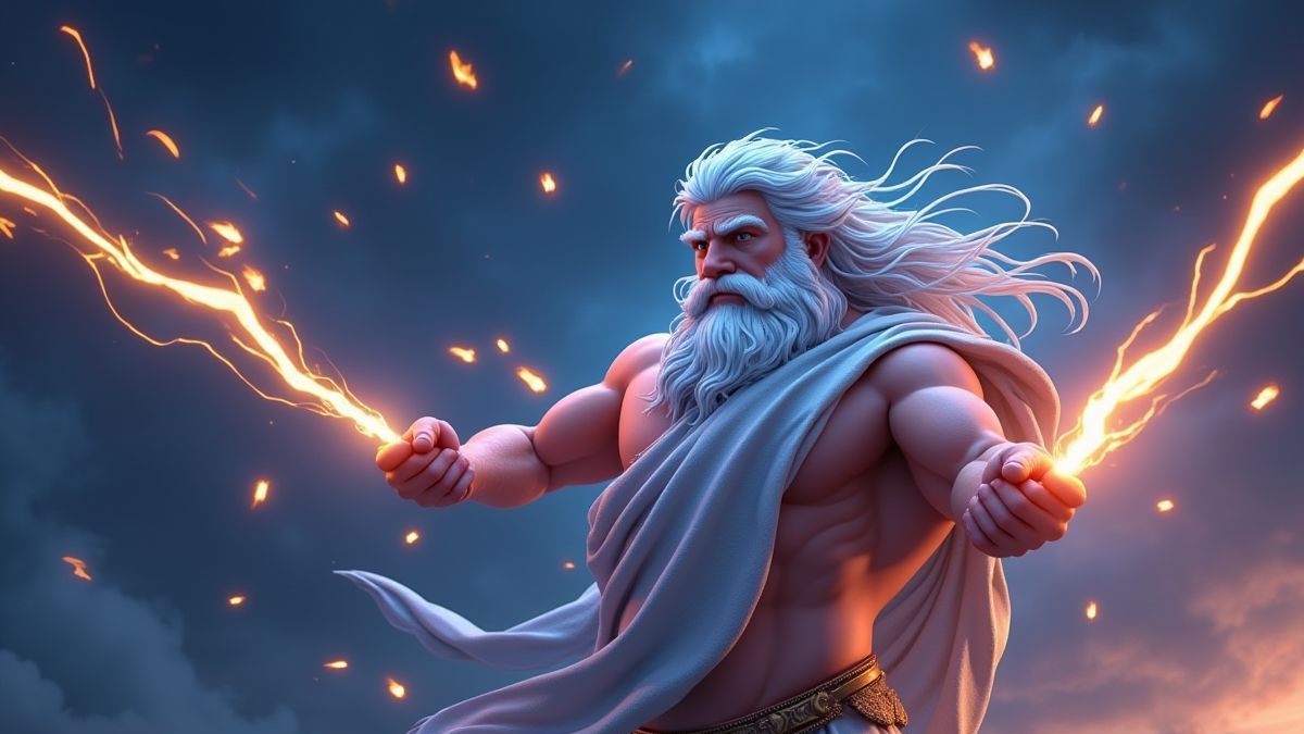 Zeus lanzando rayos con efectos brillantes.